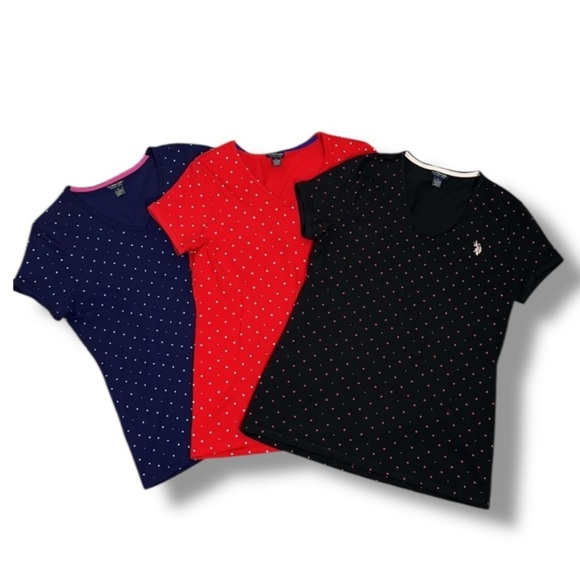 US Polo Set of 3 Polka Dot V-Neck T-Shirts Women's Size Large Red, Blue, Black - Picture 1 of 15